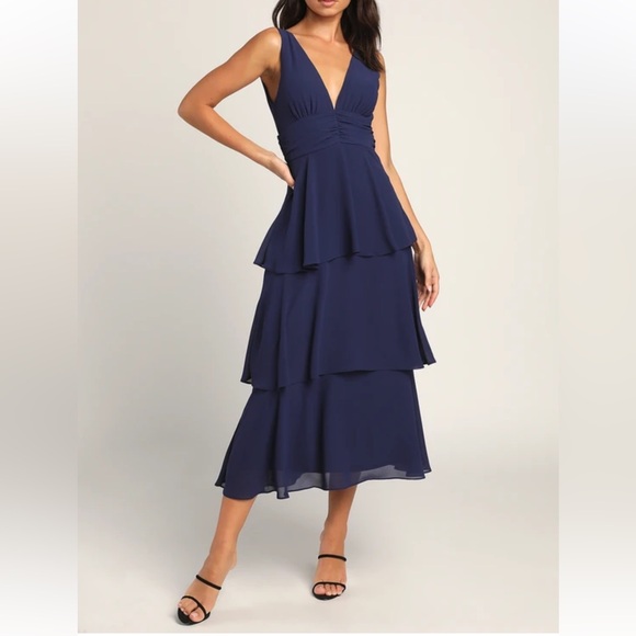 Lulus Celebration Time Navy Blue Sleeveless Tiered Midi Dress size XS NWT - Picture 1 of 14